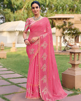 Vishal Prints Deep Rose Pink Designer Chiffon-Viscose Saree With Embroidery-Diamond Work And Cut Work Border