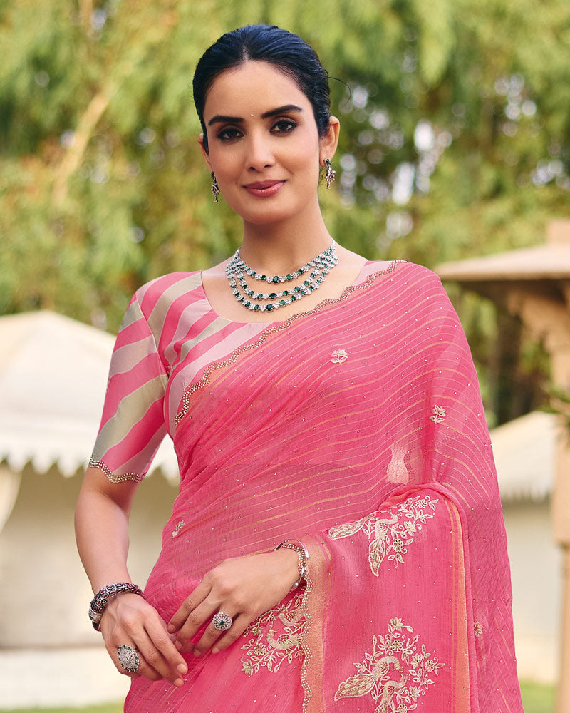 Vishal Prints Deep Rose Pink Designer Chiffon-Viscose Saree With Embroidery-Diamond Work And Cut Work Border