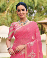 Vishal Prints Deep Rose Pink Designer Chiffon-Viscose Saree With Embroidery-Diamond Work And Cut Work Border