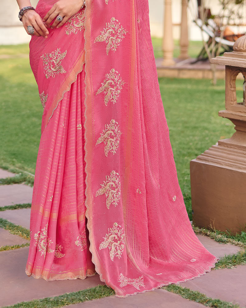 Vishal Prints Deep Rose Pink Designer Chiffon-Viscose Saree With Embroidery-Diamond Work And Cut Work Border