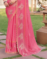 Vishal Prints Deep Rose Pink Designer Chiffon-Viscose Saree With Embroidery-Diamond Work And Cut Work Border