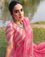 Vishal Prints Deep Rose Pink Designer Chiffon-Viscose Saree With Embroidery-Diamond Work And Cut Work Border