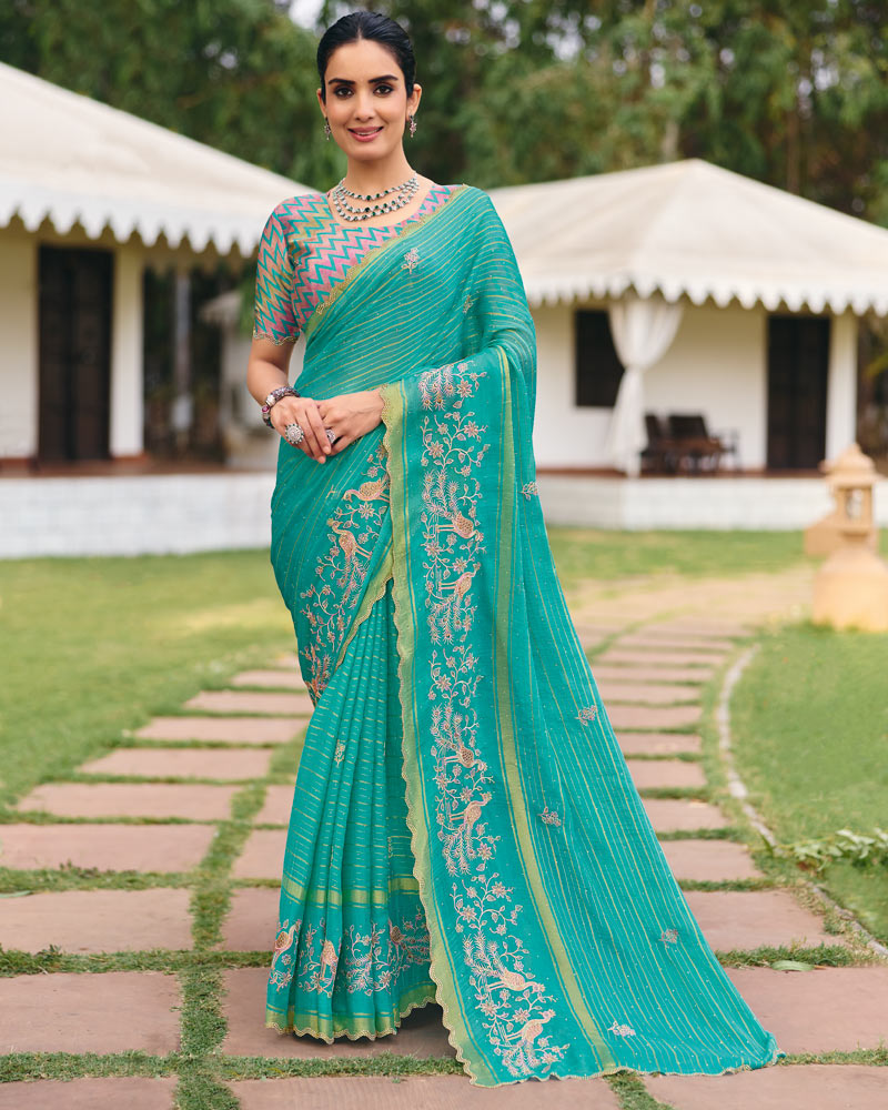 Vishal Prints Persian Green Designer Chiffon-Viscose Saree With Embroidery-Diamond Work And Cut Work Border