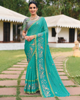 Vishal Prints Persian Green Designer Chiffon-Viscose Saree With Embroidery-Diamond Work And Cut Work Border