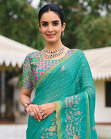 Vishal Prints Persian Green Designer Chiffon-Viscose Saree With Embroidery-Diamond Work And Cut Work Border