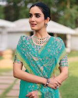 Vishal Prints Persian Green Designer Chiffon-Viscose Saree With Embroidery-Diamond Work And Cut Work Border