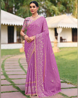 Vishal Prints Dark Lilac Designer Chiffon-Viscose Saree With Embroidery-Diamond Work And Cut Work Border