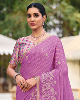 Vishal Prints Dark Lilac Designer Chiffon-Viscose Saree With Embroidery-Diamond Work And Cut Work Border