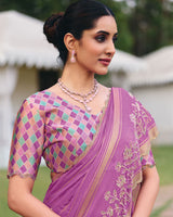 Vishal Prints Dark Lilac Designer Chiffon-Viscose Saree With Embroidery-Diamond Work And Cut Work Border
