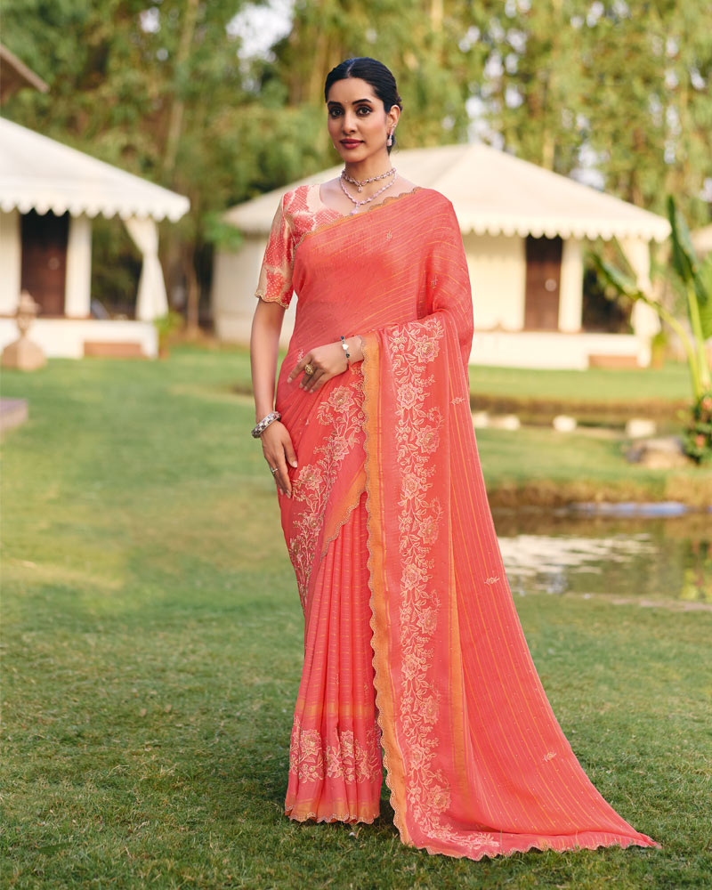 Vishal Prints Dark Peach Designer Chiffon-Viscose Saree With Embroidery-Diamond Work And Cut Work Border