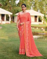 Vishal Prints Dark Peach Designer Chiffon-Viscose Saree With Embroidery-Diamond Work And Cut Work Border
