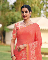 Vishal Prints Dark Peach Designer Chiffon-Viscose Saree With Embroidery-Diamond Work And Cut Work Border
