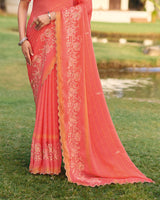 Vishal Prints Dark Peach Designer Chiffon-Viscose Saree With Embroidery-Diamond Work And Cut Work Border