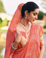 Vishal Prints Dark Peach Designer Chiffon-Viscose Saree With Embroidery-Diamond Work And Cut Work Border