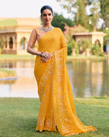 Vishal Prints Light Mustard Yellow Designer Chiffon-Viscose Saree With Embroidery-Diamond Work And Cut Work Border