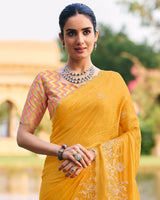 Vishal Prints Light Mustard Yellow Designer Chiffon-Viscose Saree With Embroidery-Diamond Work And Cut Work Border