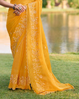 Vishal Prints Light Mustard Yellow Designer Chiffon-Viscose Saree With Embroidery-Diamond Work And Cut Work Border