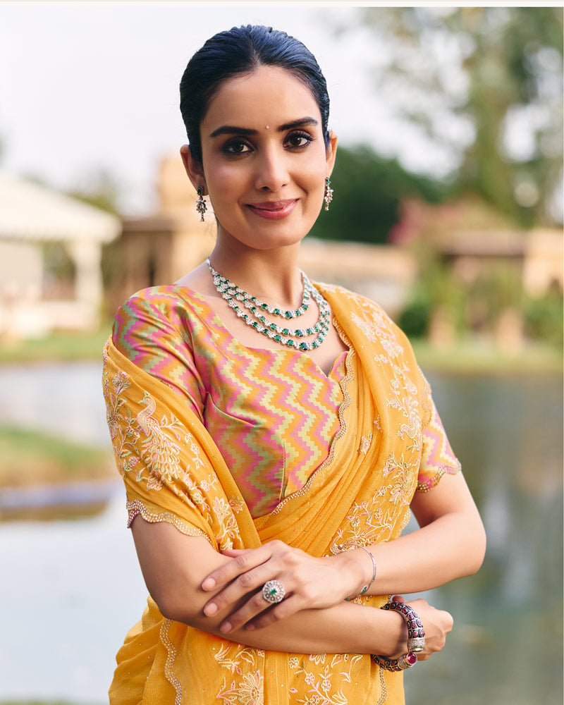 Vishal Prints Light Mustard Yellow Designer Chiffon-Viscose Saree With Embroidery-Diamond Work And Cut Work Border