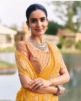 Vishal Prints Light Mustard Yellow Designer Chiffon-Viscose Saree With Embroidery-Diamond Work And Cut Work Border
