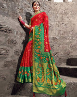 Vishal Prints Dark Green And Teal Green Brasso Saree With Foil Print And Tassel