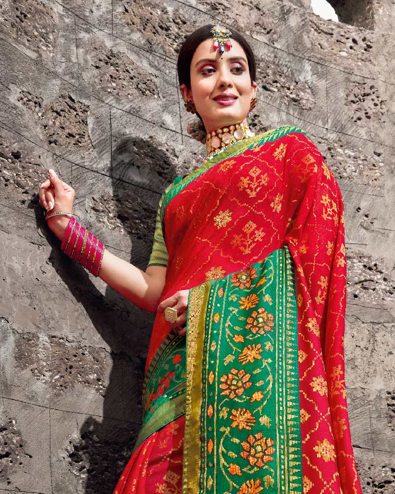 Vishal Prints Dark Green And Teal Green Brasso Saree With Foil Print And Tassel