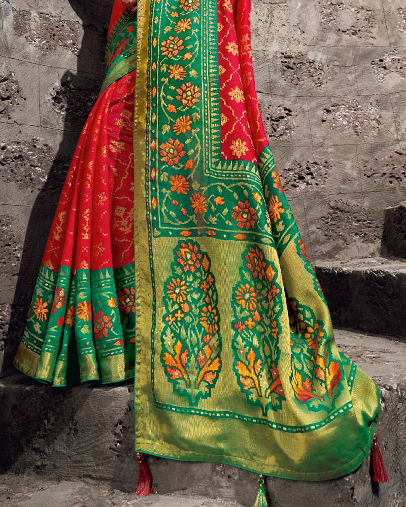 Vishal Prints Dark Green And Teal Green Brasso Saree With Foil Print And Tassel