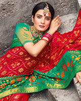 Vishal Prints Dark Green And Teal Green Brasso Saree With Foil Print And Tassel