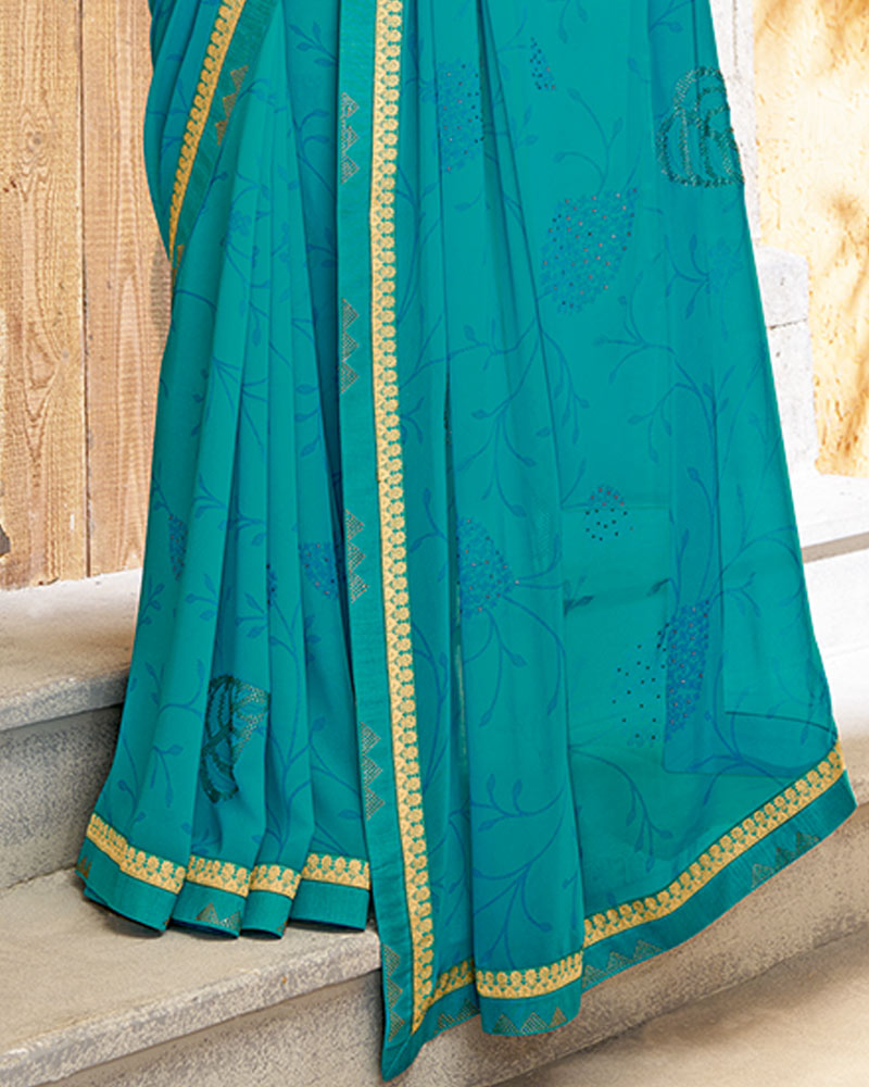 Vishal Prints Dark Turquoise Blue Printed Georgette Saree With Diamond Work And Fancy Border