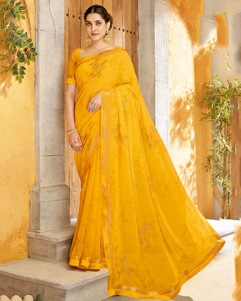 Vishal Prints Golden Yellow Printed Georgette Saree With Diamond Work And Fancy Border