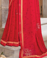 Vishal Prints Cherry Red Printed Georgette Saree With Diamond Work And Fancy Border
