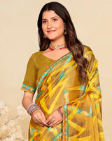 Vishal Prints Mustard Brown Printed Brasso Saree With Fancy Border