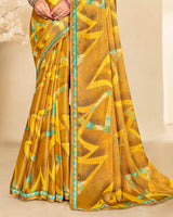 Vishal Prints Mustard Brown Printed Brasso Saree With Fancy Border