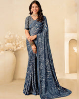 Vishal Prints Dark Grey Blue Printed Brasso Saree With Fancy Border