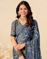 Vishal Prints Dark Grey Blue Printed Brasso Saree With Fancy Border