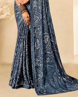 Vishal Prints Dark Grey Blue Printed Brasso Saree With Fancy Border