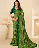 Vishal Prints Khaki Green Printed Brasso Saree With Fancy Border