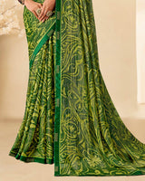 Vishal Prints Khaki Green Printed Brasso Saree With Fancy Border