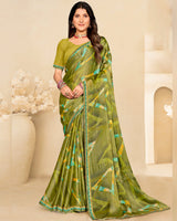 Vishal Prints Olive Yellow Printed Brasso Saree With Fancy Border