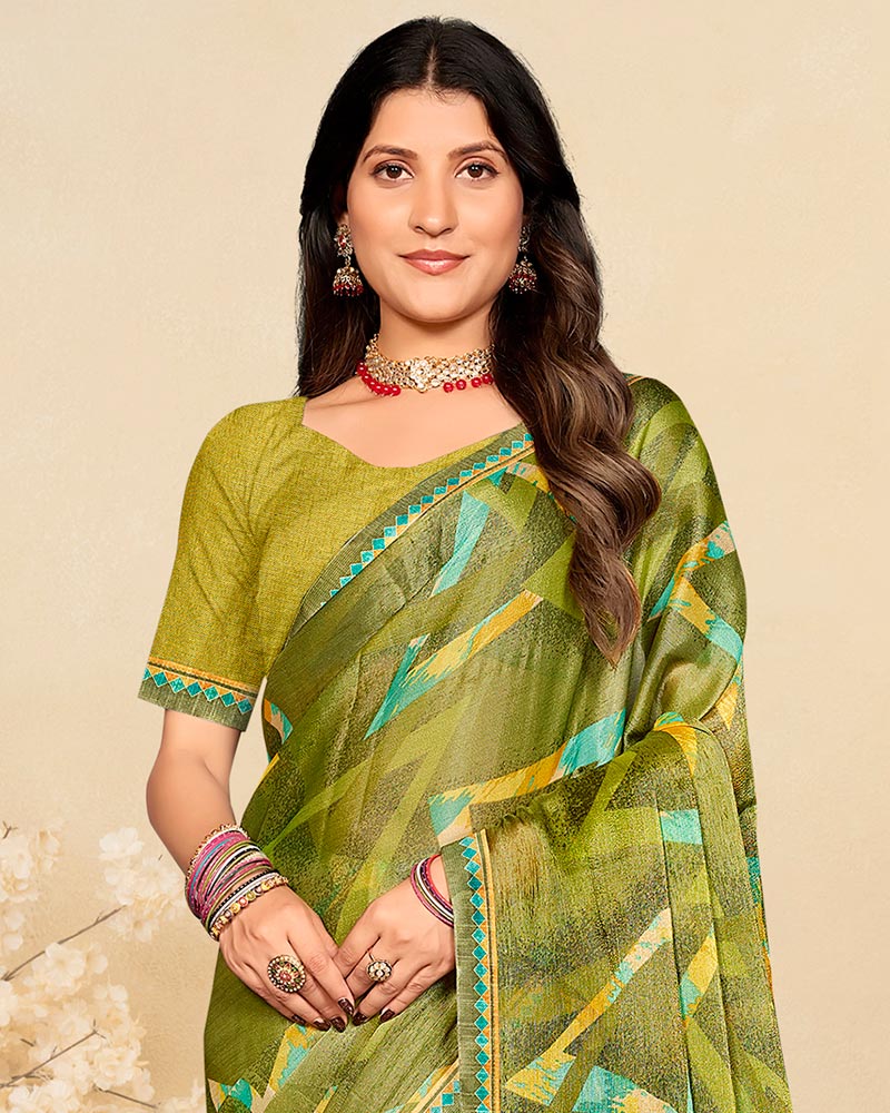 Vishal Prints Olive Yellow Printed Brasso Saree With Fancy Border