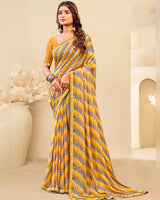 Vishal Prints Orangey Yellow Printed Brasso Saree With Fancy Border