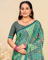 Vishal Prints Greyish Green Printed Brasso Saree With Fancy Border