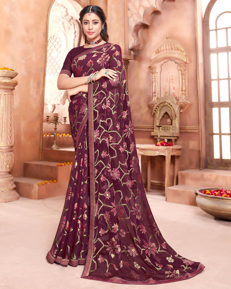 Vishal Prints Maroon Brasso Saree With Foil Print And Zari Border