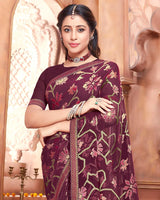 Vishal Prints Maroon Brasso Saree With Foil Print And Zari Border