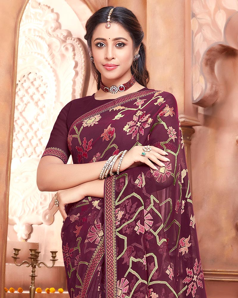 Vishal Prints Maroon Brasso Saree With Foil Print And Zari Border