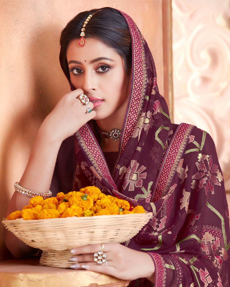 Vishal Prints Maroon Brasso Saree With Foil Print And Zari Border