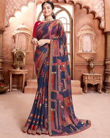 Vishal Prints Dark Blue Brasso Saree With Foil Print And Zari Border