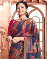 Vishal Prints Dark Blue Brasso Saree With Foil Print And Zari Border