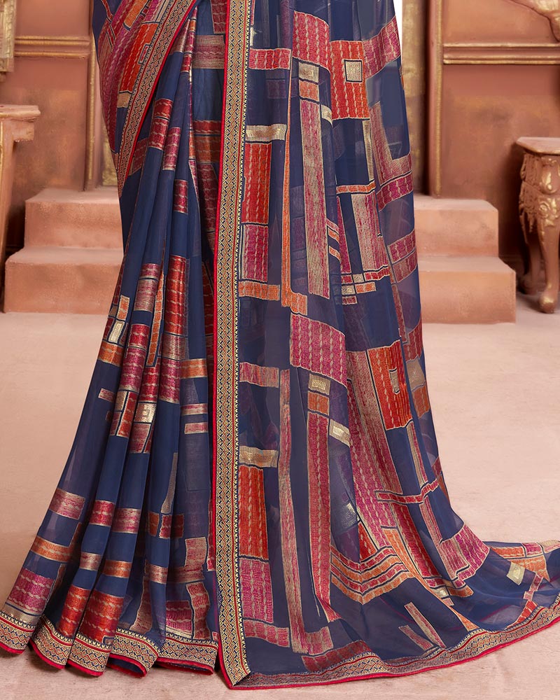 Vishal Prints Dark Blue Brasso Saree With Foil Print And Zari Border