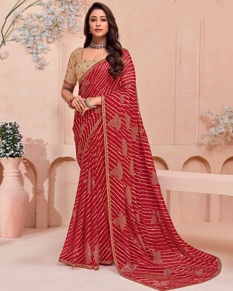Vishal Prints Scarlet Red Printed Chiffon Saree With Fancy Border