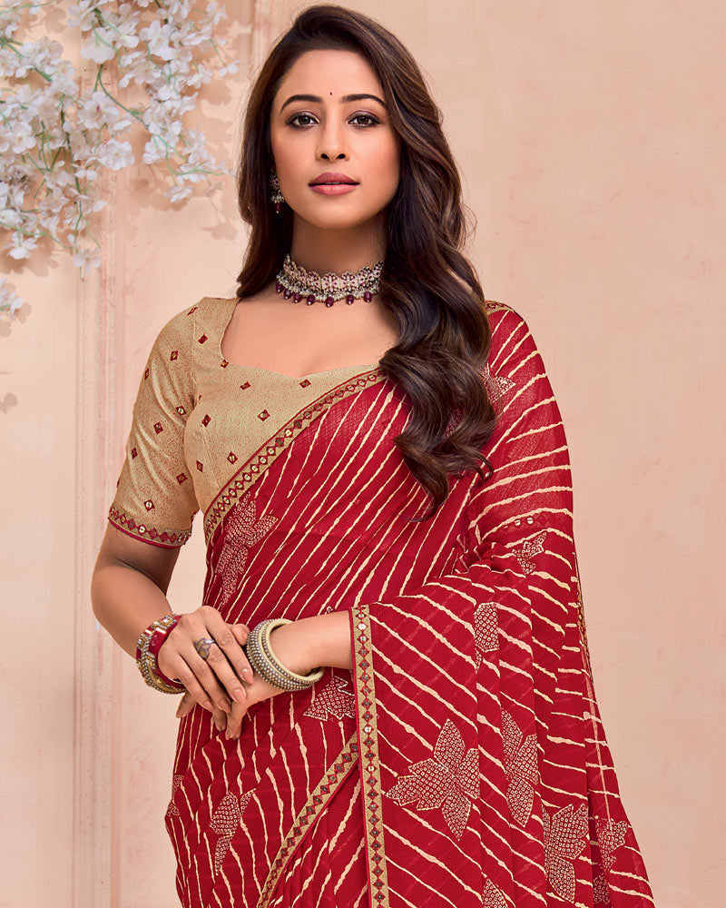 Vishal Prints Scarlet Red Printed Chiffon Saree With Fancy Border